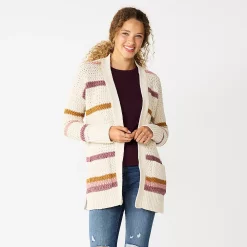 Juniors SO Open Stitch Chenille Cardigan -Cheap SO Store 5665445 Oatmeal Stripe