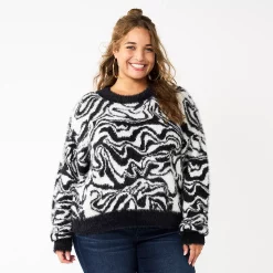 Juniors' Plus Size SO® Fuzzy Cropped Print Sweater -Cheap SO Store 5666507 Black Cream Marble
