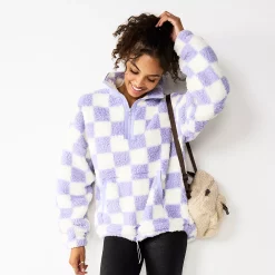 Juniors' SO® Quarter Zip Sherpa Jacket -Cheap SO Store 5686355 Purple Check