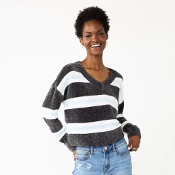 Juniors' SO® V-Neck Chenille Pullover Sweater -Cheap SO Store 5696161 Gray Stripe