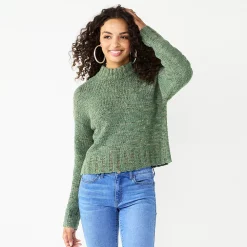 Juniors' SO® Cropped Mockneck Spacedye Sweater -Cheap SO Store 5705778 Olive Combo