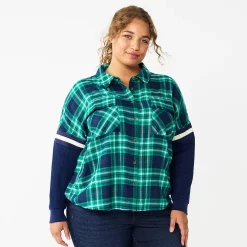 Juniors' Plus Size SO® Fashion Flannel Shirt -Cheap SO Store 5711970 Blue Green Plaid