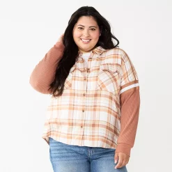 Juniors' Plus Size SO® Fashion Flannel Shirt -Cheap SO Store 5711970 White Rust Plaid