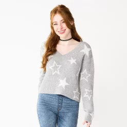 Juniors' SO® Printed V-Neck Pullover Sweater -Cheap SO Store 5726959 Gray Stars