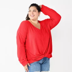 Juniors' Plus Size SO® Ribbed Front Twist Top -Cheap SO Store 5736379 Cherry Tulip